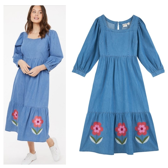 Joanie Dresses & Skirts - Joanie Ruby Square Neck Denim Midi Dress Size 6 Artsy Boho